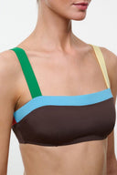 Dark chocolate bikini top with multi-color straps and underband support