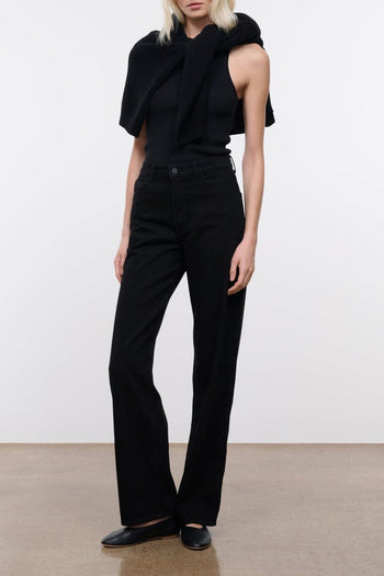 Black high-rise denim jeans with button fly and straight-leg fit