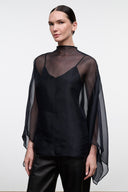 Black sheer cape-sleeve top with high neckline and opaque front panel