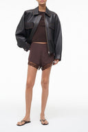 VON SILK silk shorts in dark brown with lace-trim hem