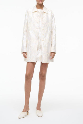 Ivory collared button-front jacket with long sleeves, knee-length