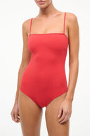 Red-rose one-piece swimsuit with spaghetti straps and square neckline