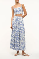 Blue toile long A-line skirt with gathered waist