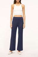 Navy high-waist wide-leg pants with straight legs and ankle-length hem