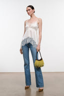Ivory silk camisole top with blue lace hem and lace-detail front yoke