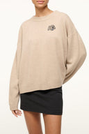 Stone cashmere sweater with crewneck and small embroidered logo at chest