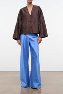 Blue silk dupioni wide-leg pants with relaxed straight fit