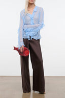 Silk dupioni wide-leg pants in dark brown, tailored straight legs