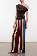 Silk wide-leg pants with vertical stripe pattern in dark brown, cream, and blue