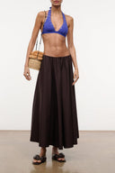 Earth brown midi skirt with elastic waist and gathered, full A-line silhouette