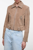 HUGO suede jacket in Dune tone with studded collar, zip front, and pocket details