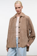Tan suede button-up shirt with pointed collar, front placket, and patch pocket