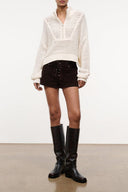 Ivory cropped knit sweater with quarter-zip and ribbed hem cuffs