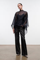Black wide-leg satin trousers with SEBASTIAN porcupine quill slingback shoes