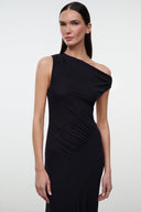 Black asymmetrical one-shoulder ruched midi dress with draped diagonal panel