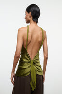 Silk halter top with open back and tied ruched back detail in olive green