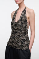 Mindy halter sleeveless top with V neckline and black speckled print