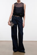 Black sleeveless mesh top with fringe hem