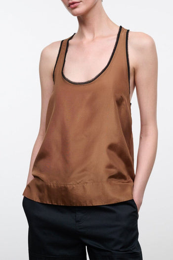 Lynelle silk tank top in dark cigar brown with black trim at scoop neck