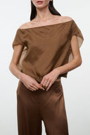Cigar brown off-shoulder top with short draped sleeves