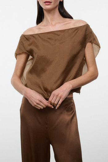 Cigar brown off-shoulder top with short draped sleeves