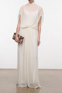 Ivory maxi dress with gathered waist and sheer draped sleeves