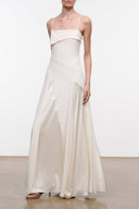 Ivory satin dress with square neckline, spaghetti straps, and flowing A-line skirt