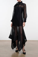 Black sheer long-sleeve dress with high neck and layered asymmetrical hem