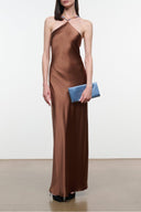 Cadence halter maxi dress in dark brown satin, sleeveless column silhouette