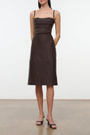 Dark brown midi dress with spaghetti straps and fitted waist, sleeveless