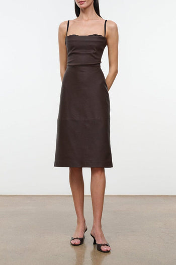 Dark brown midi dress with spaghetti straps and fitted waist, sleeveless