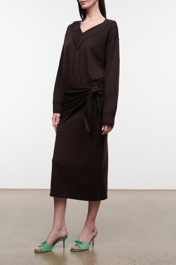 Dark oak sweater dress with V-neck crossover, long sleeves, waist tie, midi length