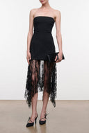 Black strapless dress with fitted bodice and fringed mesh overlay midi skirt