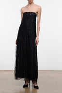 Black strapless sequin maxi dress with fitted bodice