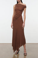 Brown draped one-shoulder midi dress with side ruching