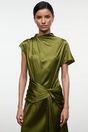 Olive green high-neck silk dress with short sleeves and gathered waist drape