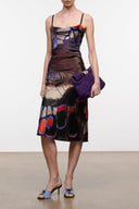 Silk dress with spaghetti straps, multicolor butterfly print, fitted bodice