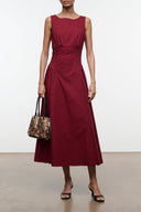 GWEN sleeveless midi dress in CARMINO maroon with ruched waist and gathered skirt