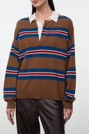 Cashmere sweater with brown base and horizontal blue, red, and cream stripes, collared