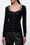Black cashmere button-front sweater with square neckline and long sleeves