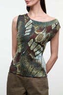 Women's sleeveless printed top with wide neckline, green and gold butterfly moss pattern