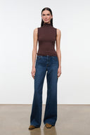 Dark brown sleeveless mock-neck knit top with ribbed neckline and straight hem