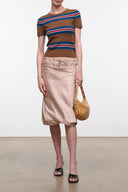 Cashmere tee with Savoy stripe knit, brown with blue and orange horizontal stripes