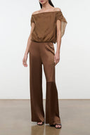Silk wide-leg pants in dark brown, high waist with flowing drape