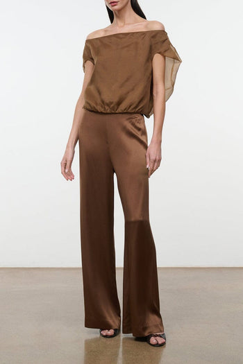 Silk wide-leg pants in dark brown, high waist with flowing drape