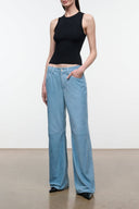 Sky blue suede wide-leg pants with relaxed fit and straight waistband
