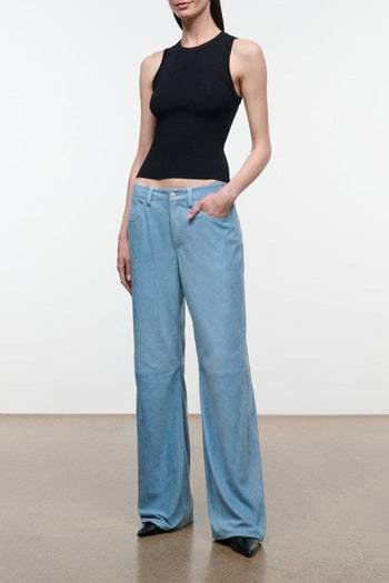 Sky blue suede wide-leg pants with relaxed fit and straight waistband