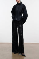 Black sequin wide-leg pants with full-length straight fit