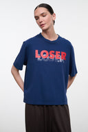 Relaxed crew-neck tee shirt, dark blue with large red-and-white “LOSER” logo
