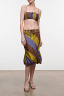 Odette silk skirt, tie-waist striped midi in brown, gold, and purple